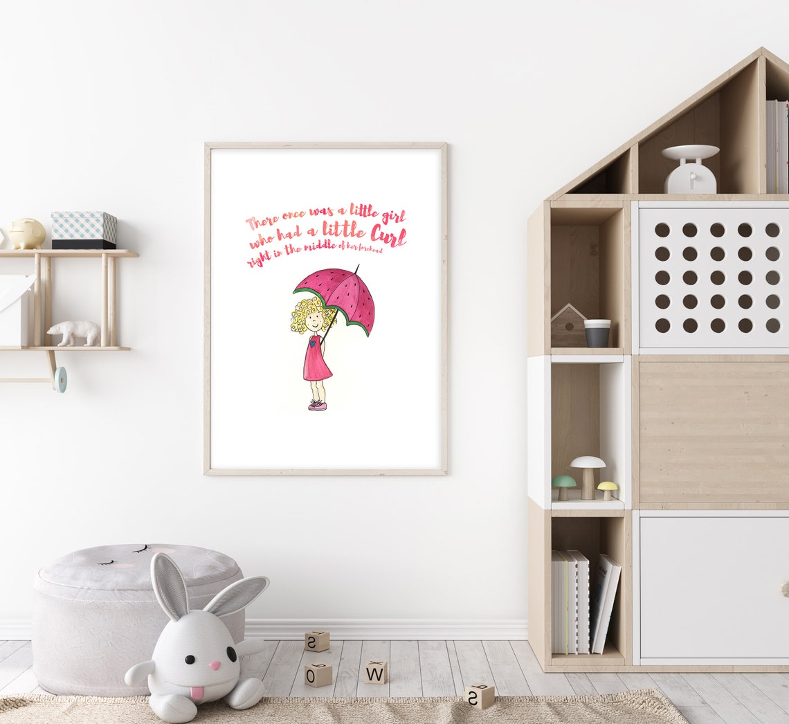 Little Girl With a Curl Watercolor Print Nursery Rhyme Art for Kids