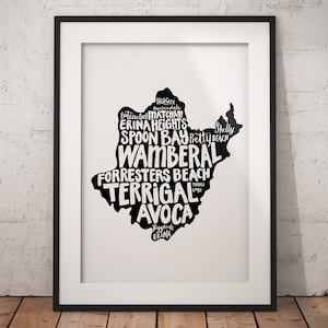 Central Coast Map Print on white, Australia, Aussie Wall Art, Australian Print, Terrigal, Wamberal, Avoca, printable art, Best Selling Art