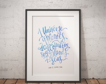 Printable Wall Art: 1 Universe 9 Planets 204 Countries Watercolor Typography, Instant Download, Wedding Anniversary Gift, Digital Download