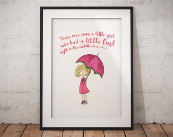 Little Girl with a Curl Watercolor Print - Nursery Rhyme Art for Kids Room or Nursery, Children&#39;s Room Art, Popular Art, Curly Haired Girl