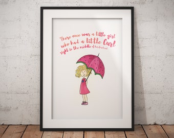 Little Girl with a Curl Watercolor Print - Nursery Rhyme Art for Kids Room or Nursery, Children's Room Art, Popular Art, Curly Haired Girl