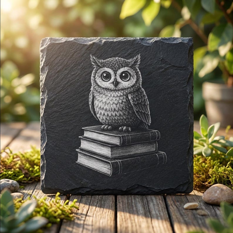 Wise Owl Books Stack Laser Engraving PNG File for Slate Coasters ...