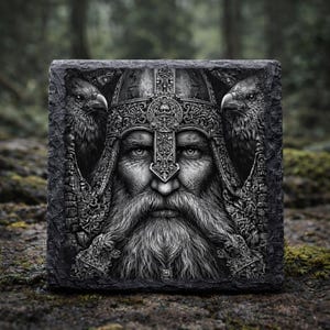 May include: A grayscale relief carving of a bearded man wearing a detailed helmet, flanked by two eagles. The artwork is set against a dark, textured background, evoking a sense of history and strength. The carving is on a square stone.