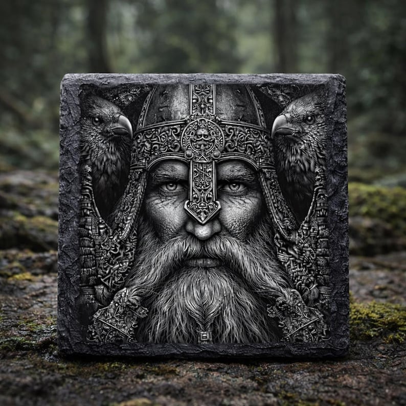 May include: A grayscale relief carving of a bearded man wearing a detailed helmet, flanked by two eagles. The artwork is set against a dark, textured background, evoking a sense of history and strength. The carving is on a square stone.