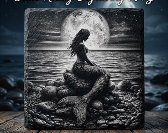 Moonlit Mermaid on Ocean Rock Slate Coaster Design | Engraving PNG | Digital Download