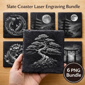 May include: A collection of six square slate coasters with laser-engraved designs. The coasters display images of koi carp, pagodas, a full moon, a bonsai tree, and a Japanese torii gate. The text "Slate Coaster Laser Engraving Bundle" is at the top, and "6 PNG Bundle" is in a circle.