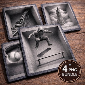 May include: A set of four grayscale coasters with unique 3D-style designs. Each coaster features a different scene: a roller coaster, the Empire State Building, a baseball, and a skateboarder. The coasters are square with a dark border. The image includes a "4 PNG BUNDLE" graphic.
