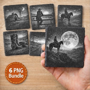 May include: A set of six square coasters with monochrome Western-themed illustrations. Each coaster depicts a different scene, including cowboys, horses, and rural landscapes. The coasters are made of a dark material, suitable for home decor.