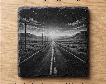 Download digitale del file laser PNG Western Journey con incisione sulle montagne russe in ardesia sulla strada del deserto