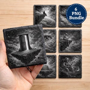 May include: A set of six square slate coasters featuring surreal black and white illustrations. Each coaster depicts a different scene, including a door, an eye, and figures on cliffs. A blue circle with the text "6 PNG Bundle" is visible.