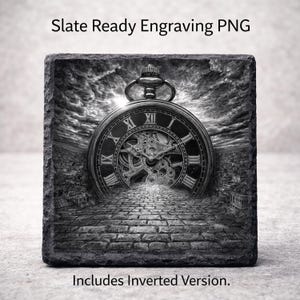 May include: Black and white slate coaster with a detailed engraving of a pocket watch. The watch face features Roman numerals and intricate internal gears. The background shows a cloudy sky and a cobblestone path. Text reads "Slate Ready Engraving PNG" and "Includes Inverted Version."