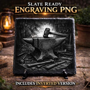 May include: A black slate engraving featuring a blacksmith's anvil, hammer, and tools. The image includes the text "SLATE READY ENGRAVING PNG" and "INCLUDES INVERTED VERSION". The design is detailed and suitable for engraving projects.