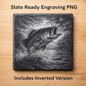 May include: A square slate coaster with a detailed engraving of a largemouth bass leaping out of water under a cloudy sky and a crescent moon. The text "Slate Ready Engraving PNG" and "Includes Inverted Version" are displayed.