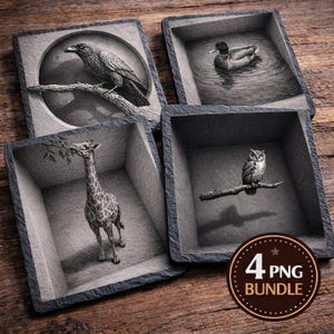 May include: Four square coasters with animal illustrations: a raven on a branch, a duck in water, a giraffe, and an owl on a branch. The coasters have a dark gray stone-like border and are set on a wooden surface. The image includes a circular graphic that says "4 PNG BUNDLE".