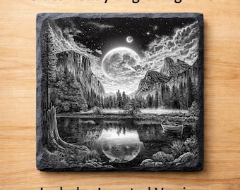Serene Moonlit Yosemite Valley Lake Scene Slate Coaster Design | Laser Engraving PNG | Digital Download