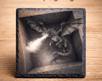 3D Dragon Slate Engraving PNG Fire Breathing Illusion Laser File Coaster Design Digital Download