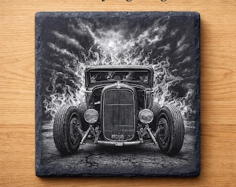 Hot Rod Flames Slate Engraving PNG Vintage Car Laser File Garage Coaster Design Digital