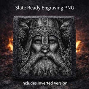 May include: A grayscale engraving of a Viking warrior with a long beard and ornate helmet, flanked by two ravens. The text "Slate Ready Engraving PNG" and "Includes Inverted Version" are displayed.