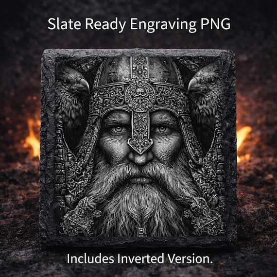 Viking Odin Ravens Slate Engraving PNG Norse Helmet Laser File Mythology Coaster Design Digital