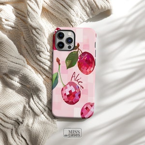 Personalized Pink Cherry Aesthetic Phone Case for iPhone Samsung Google Pixel Super Protective 2-Layer Custom Name Initials Case for Women