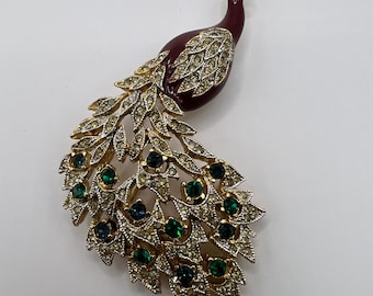 Vintage Pfau Brosche Gold Ton Grün Strass Emaille Pin Modeschmuck