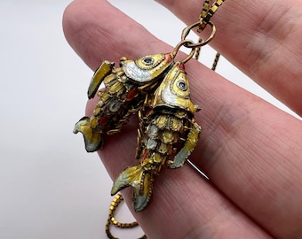 Double Articulated Cloisonne Fish Pendant Small Lucky Vintage Necklace