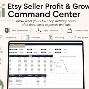 Può includere: Un foglio di calcolo digitale Etsy Seller Profit & Growth Command Center per monitorare le metriche aziendali. L'interfaccia mostra una dashboard aziendale con tabelle per ricavi, ordini, spese e profitti, insieme a un grafico a linee.
