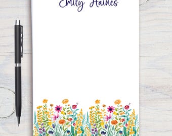 Bloc de notas personalizado con flores silvestres brillantes, papelería personalizada, bloc de notas, regalo para ella, regalo para profesor/a