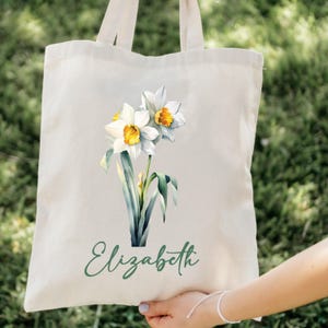 Dezember Geburt Monat Blume personalisierte Canvas Tragetasche, Bachelorette Brautjungfer Geschenke, Geburtstagsgeschenk für sie, Hochzeitsgeschenk, Geschenk für Mama
