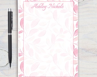 Personalized Notepad, Custom Notepad, Personalized Stationery, Writing Pad, Gift for Her, Greenery Notepad, Watercolor Pink Leaves Notepad