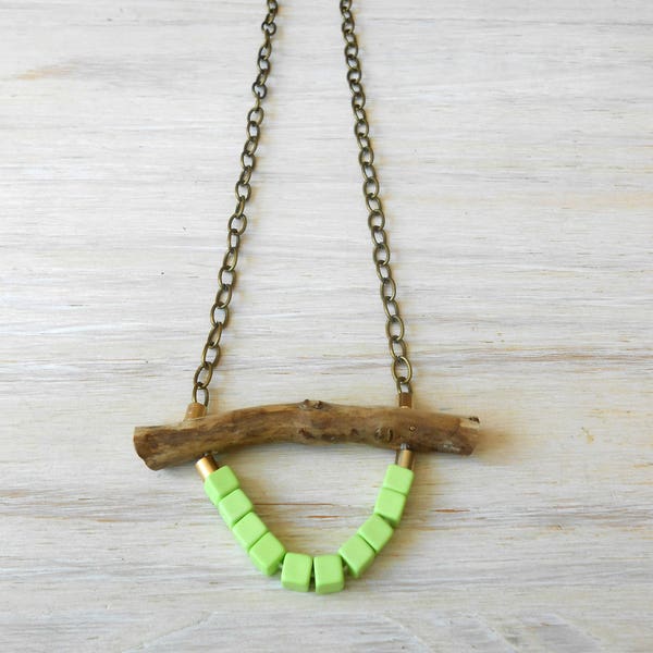 Sea Wood Branch and mint green brads necklace - Sea necklace - Reclaimed materials - Eco-jewelry - Creative jewelry - Natural jewelry
