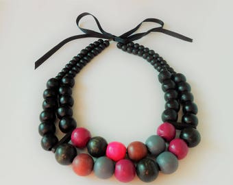 Colorful wooden necklace - Pink,gray, purple, black and violet-burgundy necklace - Painted wood balls necklace