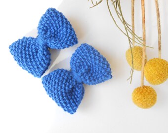 Cotton hand knitted blue bows with back pin - Shoes embelishment - Hair embelishment - Cardigan embelishment - Flats embelishment, ornament.