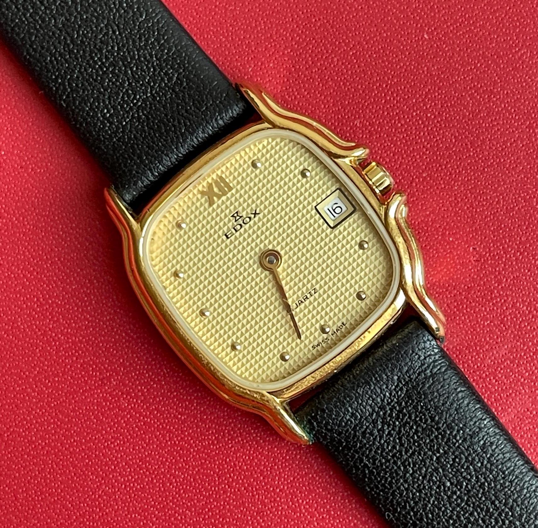 Vintage Edox Swiss Quartz Watch Square Case Waffle Dial Fancy Bezel and Lugs gold Tone RARE Perfect Gift For Her