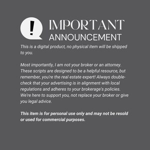 Puede incluir: Fondo gris con texto blanco que dice "IMPORTANT ANNOUNCEMENT". El texto explica que el producto es digital, no f&iacute;sico, y solo para uso personal. El vendedor no es un corredor.