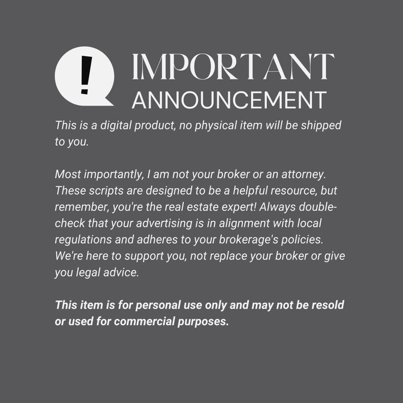 Puede incluir: Fondo gris con texto blanco que dice "IMPORTANT ANNOUNCEMENT". El texto explica que el producto es digital, no f&iacute;sico, y solo para uso personal. El vendedor no es un corredor.
