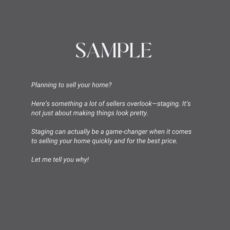 Puede incluir: Fondo gris oscuro con la palabra &laquo;SAMPLE&raquo; en blanco, con una fuente elegante. Debajo, texto que trata sobre la puesta en escena de viviendas, destacando su importancia m&aacute;s all&aacute; de la est&eacute;tica y su impacto en la velocidad y el precio de venta. Fuente clara.