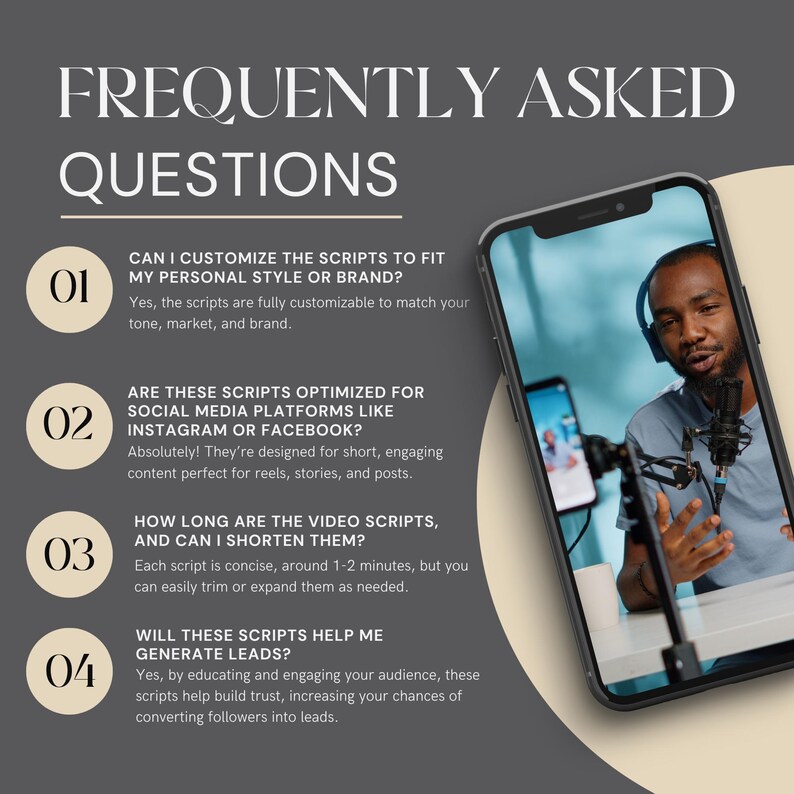 Puede incluir: Gr&aacute;fico digital con el texto &laquo;PREGUNTAS FRECUENTES&raquo; y cuatro preguntas numeradas. Un smartphone muestra a un hombre hablando por un micr&oacute;fono. Las preguntas abordan la personalizaci&oacute;n de guiones, la optimizaci&oacute;n para redes sociales, la duraci&oacute;n de los guiones de v&iacute;deo y la generaci&oacute;n de clientes potenciales.