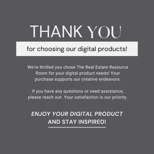 Puede incluir: Gr&aacute;fico digital sobre fondo gris con las palabras "THANK YOU" en letras blancas grandes. Debajo, dice "for choosing our digital products!" y otro texto que agradece al cliente su compra.