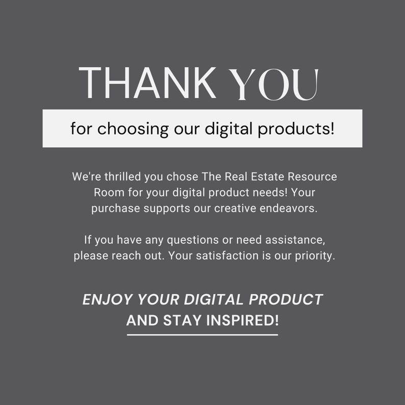 Puede incluir: Gr&aacute;fico digital sobre fondo gris con las palabras "THANK YOU" en letras blancas grandes. Debajo, dice "for choosing our digital products!" y otro texto que agradece al cliente su compra.