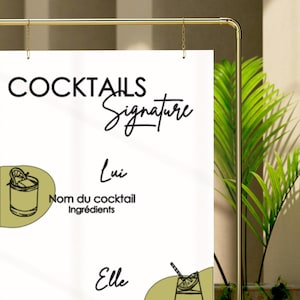 Panneau Cocktails | Boissons Signature – Pancarte Personnalisée pour Mariage, Anniversaire, Baptême, Événements