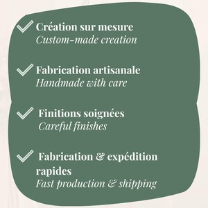 May include: A green oval graphic with white text and checkmarks. The text includes "Custom-made creation", "Handmade with care", "Careful finishes", and "Fast production & shipping".