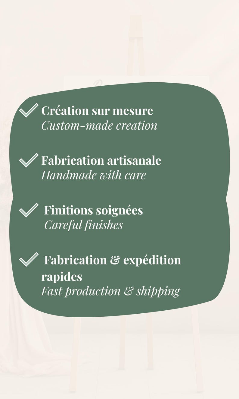 May include: A green oval graphic with white text and checkmarks. The text includes "Custom-made creation", "Handmade with care", "Careful finishes", and "Fast production & shipping".