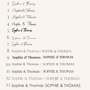 May include: A beige background displays a variety of font styles. The text "Polices/Fonts" is at the top. Below, the names "Sophie & Thomas" are shown in different fonts, numbered 1 through 16.