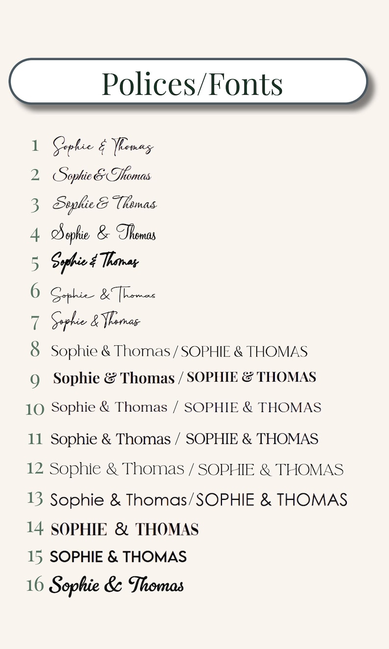 May include: A beige background displays a variety of font styles. The text "Polices/Fonts" is at the top. Below, the names "Sophie & Thomas" are shown in different fonts, numbered 1 through 16.