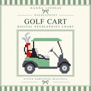 Op de afbeelding: Een digitaal naaldkunstpatroon van Hanna Lindsay getiteld GOLF CART. De afbeelding toont een gepixelde groene golfkar met een rode golftas met witte clubs. Het ontwerp is omlijst door een crèmekleurige rand met groene strepen en tekst.