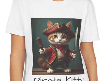 May include: A white t-shirt with a cartoon image of a cat dressed as a pirate. The cat is wearing a red and white hat, a red jacket, and a blue sash. The cat is holding a sword in one hand and a dagger in the other. The text "Pirate Kitty" is printed below the image.