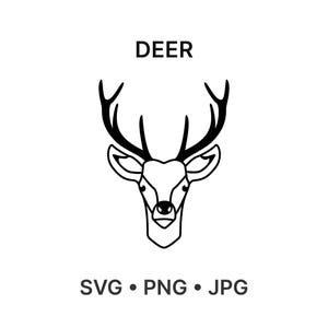 Puede incluir: Un dibujo lineal en blanco y negro de la cabeza de un ciervo con cuernos. La palabra "DEER" está encima de la imagen. Debajo de la imagen están las palabras "SVG • PNG • JPG".