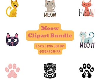 Meow Clipart Bundle: 8 Meow PNG files (Transparent background) and 8 Meow SVG files. Cute cats. Digital Download.