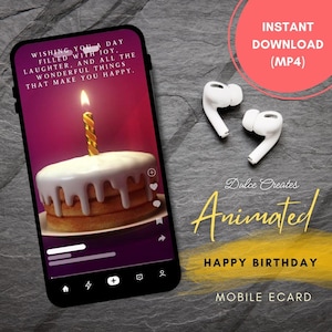 Tarjeta de felicitación animada de cumpleaños en formato electrónico para teléfono móvil. Tarjeta de felicitación de cumpleaños en formato electrónico para teléfono móvil. Felicitaciones digitales de cumpleaños. Descarga instantánea.